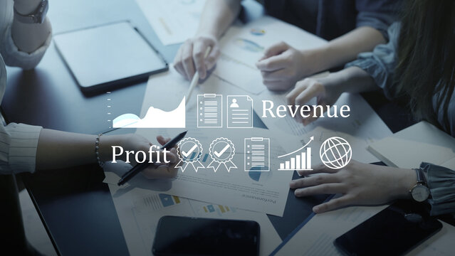 Financial profit and revenue business growth. Digital data analysis chart, global market success strategy, certified corporate quality management, and economic investment planning concept.