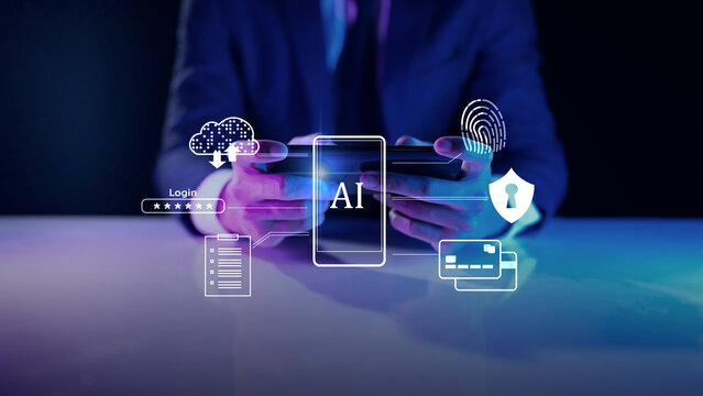 Mobile phone artificial intelligence and cyber security technology. Smart digital data protection, cloud network connection, online business communication app, and futuristic innovation concept.