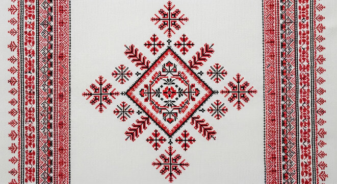 A rectangular white textile displays a symmetrical red and black embroidered diamond pattern with side borders.