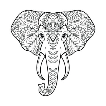 Intricate black and white drawing of an elephant head with detailed floral and mandala patterns