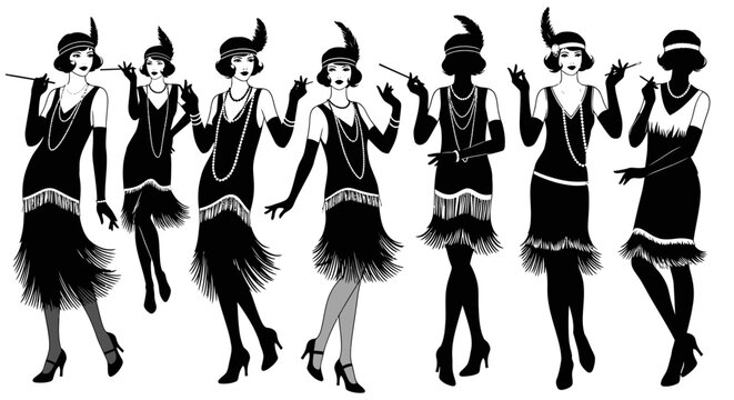 Black and white illustration of flapper girls.