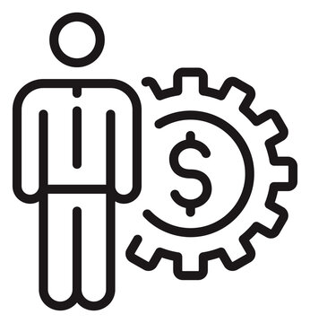 Business management and financial operations vector icon illustration featuring a professional person standing next to a gear with a dollar sign, representing productivity and work process.