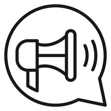 Megaphone inside a speech bubble vector icon illustration. Black minimalist bullhorn symbol for marketing, advertising, announcements, social media, and communication alerts on white background.