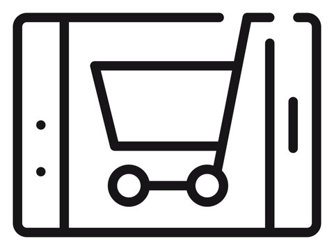 Mobile shopping vector icon featuring a smartphone with a shopping cart on the screen, representing e-commerce, online retail, digital marketplace, and consumer technology in a minimalist style.