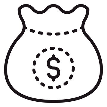 Money Bag Vector Icon with Dollar Sign Symbol, Minimalist Black Line Art Illustration for Finance, Banking, Wealth, Savings, and Investment Concepts, Scalable Graphic for Web and App Design.