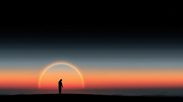 A golfer visualizing a shot with a glowing ball trajectory