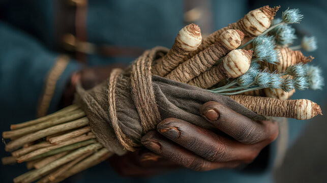 A man holding a tongkat - a walking stick or Indonesian herbal root