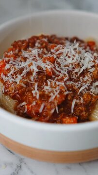 Chef sprinkling grated parmesan cheese on a traditional pasta with bolognese sauce
