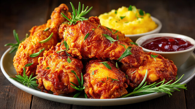 Fried chicken served with mashed potatoes