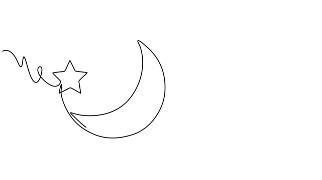 Video. Line drawing of moon with star. Muslim symbol in style of continuous editable linear drawing. Animation on white background 4K, Self drawing line animation Star and moon Islamic design continuo