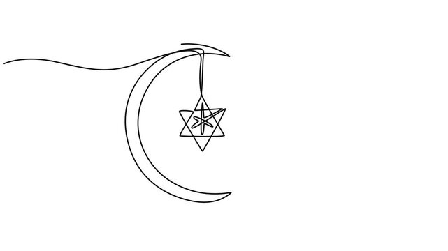 Video. Line drawing of moon with star. Muslim symbol in style of continuous editable linear drawing. Animation on white background 4K, Self drawing line animation Star and moon Islamic design continuo