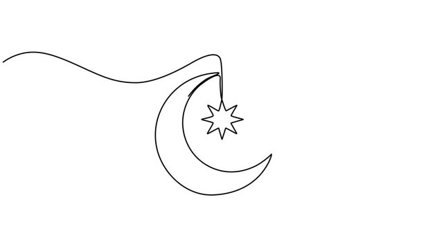 Video. Line drawing of moon with star. Muslim symbol in style of continuous editable linear drawing. Animation on white background 4K, Self drawing line animation Star and moon Islamic design continuo