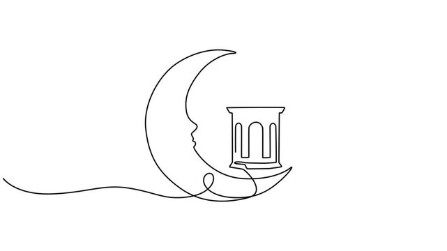 Ramadan mubarak crescent moon and lantern continuous line drawing animation, Self drawing line animation Star and moon Islamic design continuous one single line drawn concept video, Ramadan simple, on