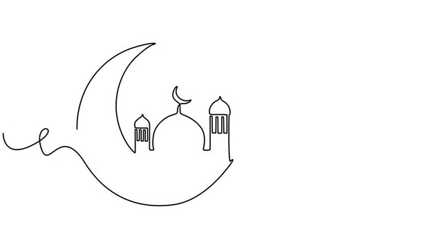 Animated islamic crescent moon continuous line drawing minimal loop, Muslim symbol in style of continuous editable linear drawing. Animation on white background, crescent moon, continuous line drawing
