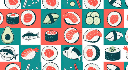 A vibrant collage of Japanese food, featuring fish, avocado, sushi rolls, and various seafood © AJI T