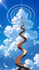 Obraz premium Spiral staircase reaching to a bright blue sky with cumulus clouds and light rings 