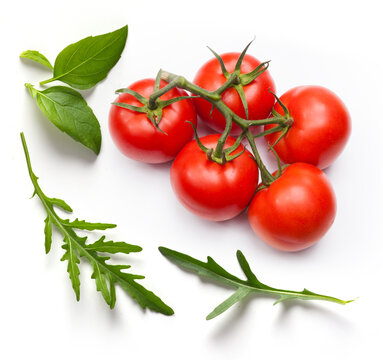 Art Healthy Eating And Fresh Produce Tomatoes On The Vine With Basil And Arugula