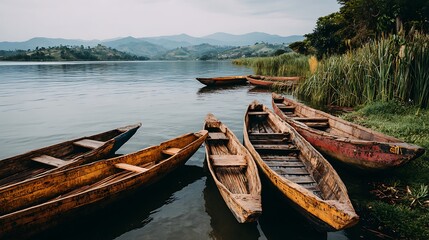 Obraz premium Several wooden boats rest on a serene lake, overlooked by hills under a cloudy sky