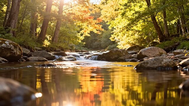 Autumn forest stream with tree reflections