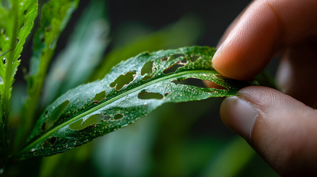 Inspecting Plant Leaf for Disease, Close Up of Agricultural Crop Damage