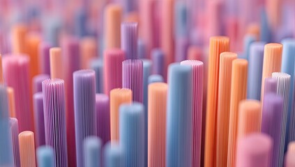 Obraz premium Soft focus on a forest of colorful, cylindrical shapes. Pastel tones create a textured abstract design
