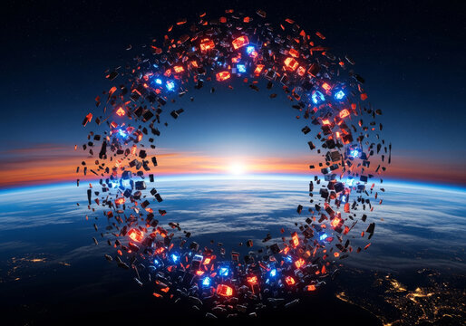 Abstract, glowing ring of fragmented digital data and light particles orbiting Earth, representing a digital anomaly, data breach, or a futuristic technological phenomenon.