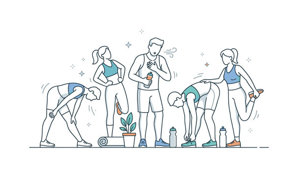 Runners gathered in a calm break with one person at center holding a bottle and catching breath while others bend forward