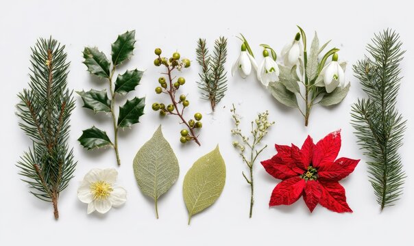 Overhead shot of various seasonal greenery and blooms arranged neatly on a white surface