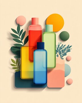 Colorful translucent skincare and cosmetic bottles with botanical leaves and geometric shapes on a pastel background