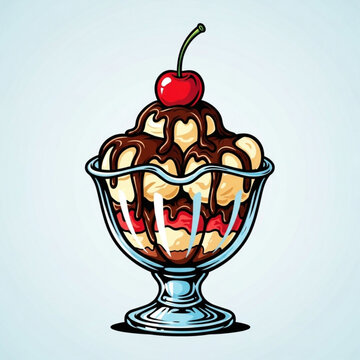 Glass Bowl Sundae with Chocolate Syrup and Cherry on Top, Colorful Vector Illustration Dessert Design