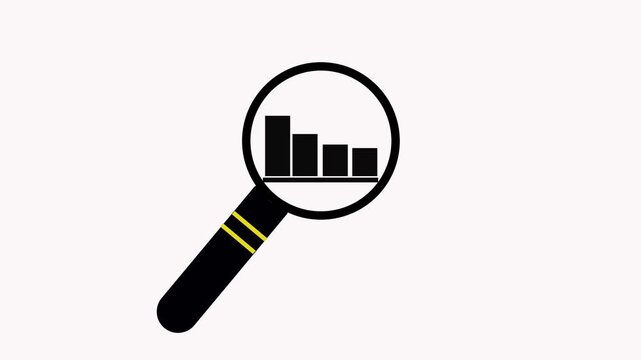 Business animation of magnifying glass analyzing financial loss with falling bars. Magnifying glass inspecting declining bar graph representing financial downturn.