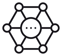 Black vector icon illustration of a hexagonal network node system with a central ellipsis circle, representing decentralized connectivity, data distribution, and digital communication. © MDNABIULISLAM