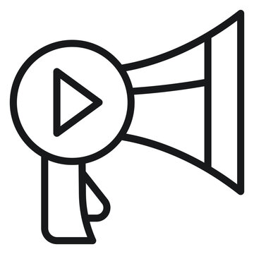 Minimalist black line vector icon of a megaphone with a play button symbol, representing video marketing, digital advertising, social media promotion, multimedia announcements, and broadcasting.