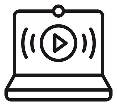 Black vector icon of a laptop computer featuring a play button and sound waves on the screen, symbolizing online video streaming, digital webinars, multimedia playback, and remote education.