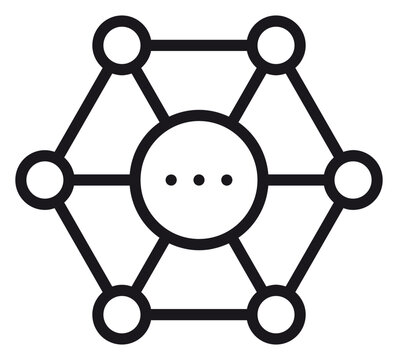 Black vector icon illustration of a hexagonal network node system with a central ellipsis circle, representing decentralized connectivity, data distribution, and digital communication.