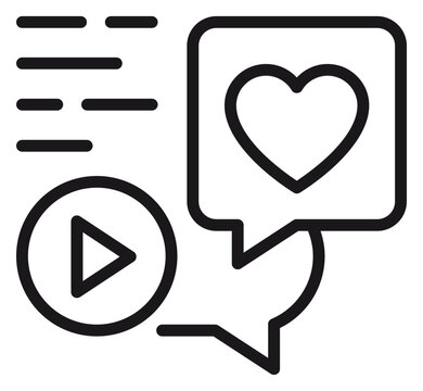 Social media engagement vector icon illustration featuring a video play button, speech bubbles with a heart symbol, and text lines, representing digital content, feedback, and online communication.