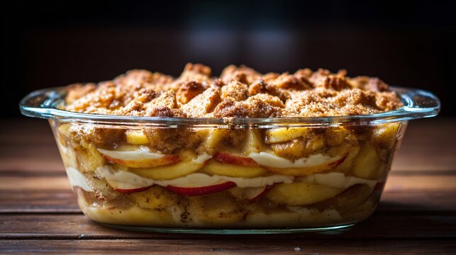 Apple cobbler baked in a transparent glass dish, showing detailed layers of apples and topping, bright clean lighting