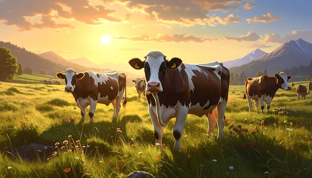 A serene landscape of cows grazing in a lush green meadow (2)