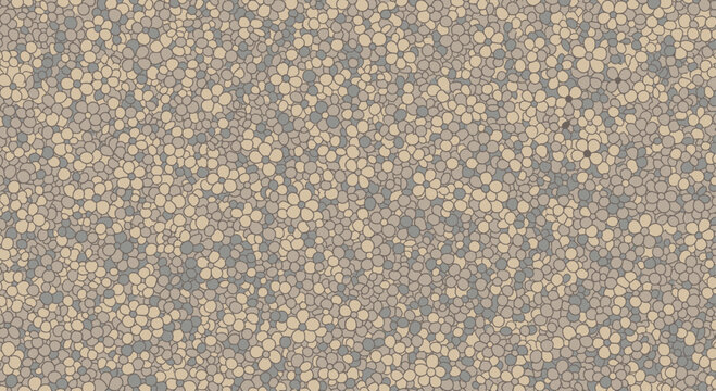 A dense pattern of overlapping beige, grey, and tan circles and flower shapes