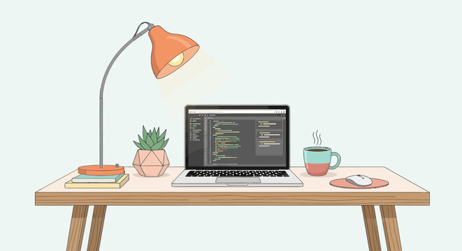 Modern workspace with laptop displaying code on screen and desk accessories.