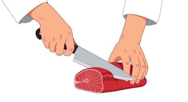 A skilled chef uses a long silver knife to cut through a thick rounded piece of fresh red meat against a clean white background setting for a gourmet recipe.