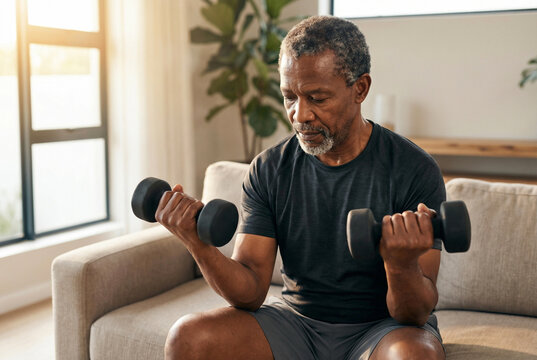 Mature black man exercising with dumbbells sitting on sofa at home
