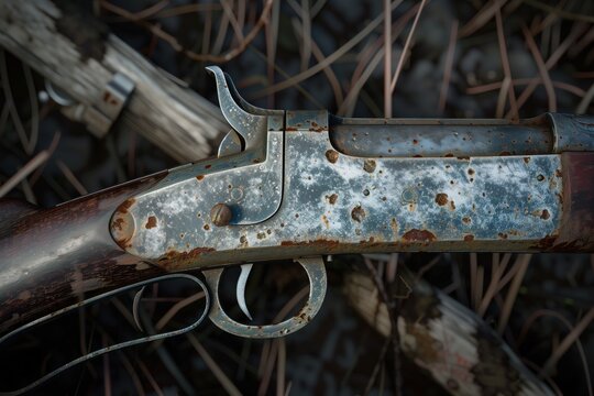 Rusty antique rifle lying outdoors with corrosion. AI-generated.