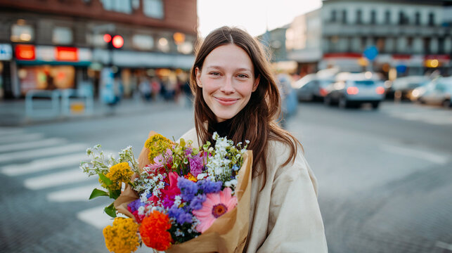 Smiling young woman holding colorful wildflower bouquet on city street at sunset. Concept of urban romance, happiness, and flower delivery. Authentic lifestyle portrait with cinematic bokeh.