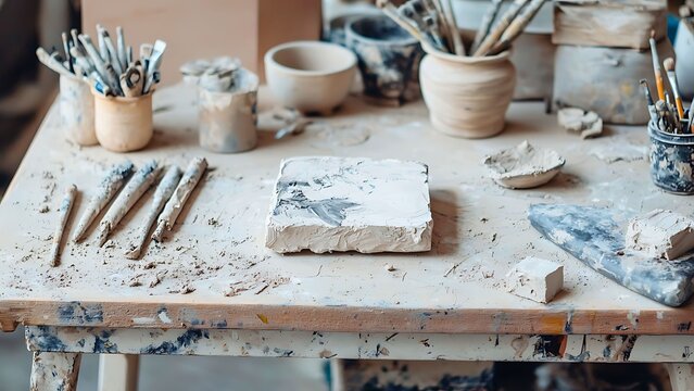 Artisan's workspace filled with tools and clay objects, showing creative process 