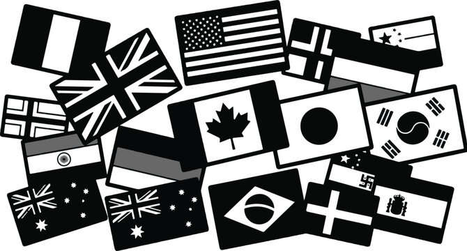 International world flags collection in flat black and white style for global business and travel