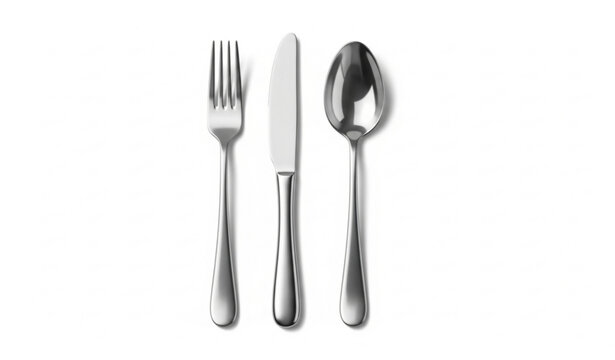Silver fork knife and spoon set aligned realistic cutlery PNG isolated on white background