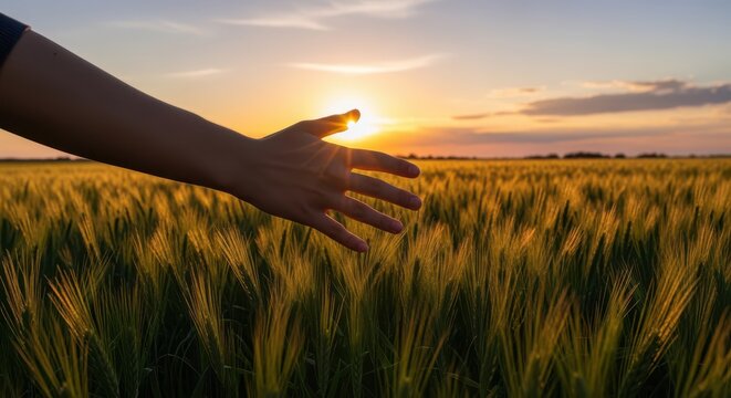 A hand reaching out over a field of grass