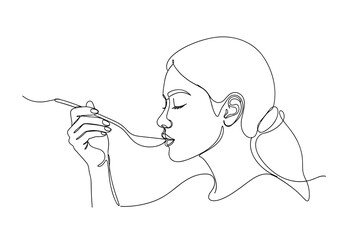 Obraz premium Woman eating with spoon minimal line art profile illustration