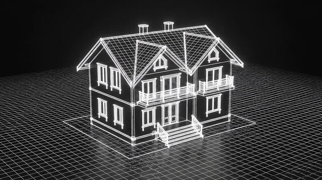 3D wireframe architectural house model on a digital grid plane